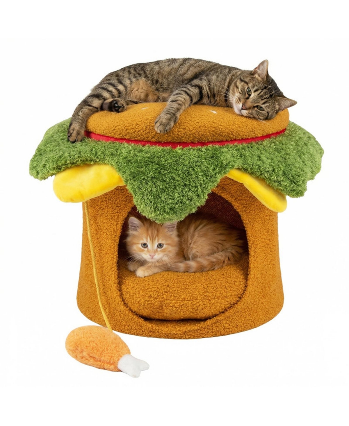 Sugift 16 Inch Hamburger Shaped Cat Nest with Elevated Perch Hideaway Cave and Plush Drumstick Toy - Yellow