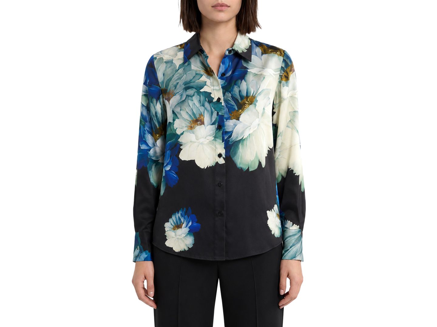Женская блузка Elie Tahari Madeline Long-Sleeve Silk-Blend Floral-Print, цвет: Сумеречный с принтом — фото 1