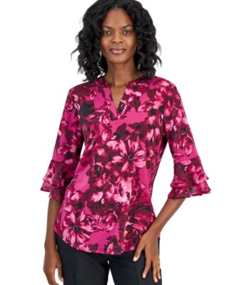 Women's Mixed-Media Tiered-Flutter-Sleeve Top