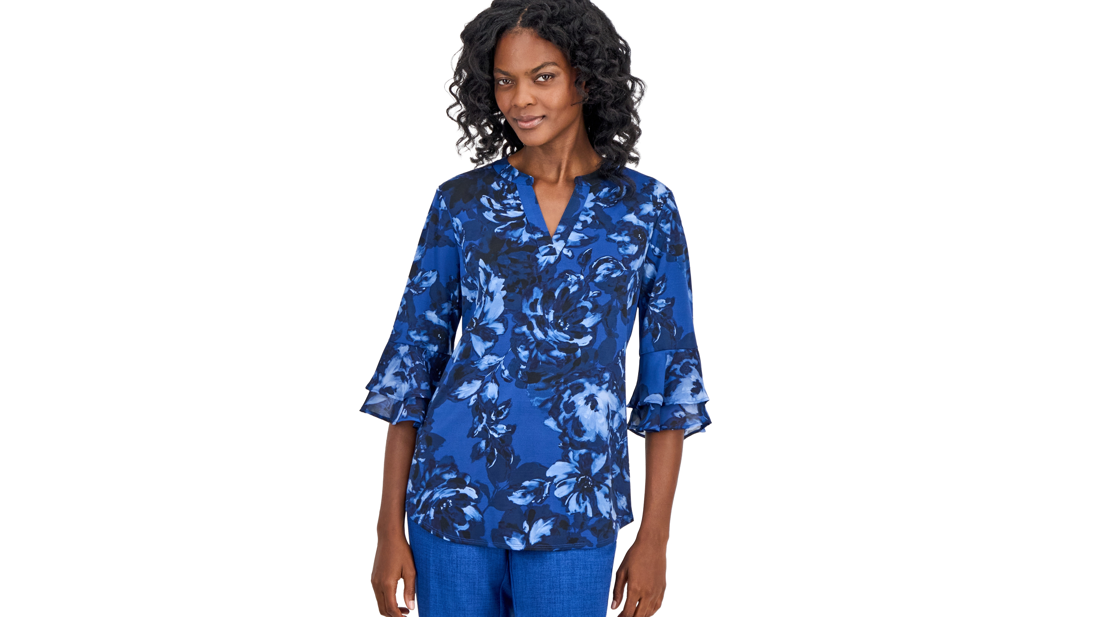 Kasper Women's Mixed-Media Tiered-Flutter-Sleeve Top