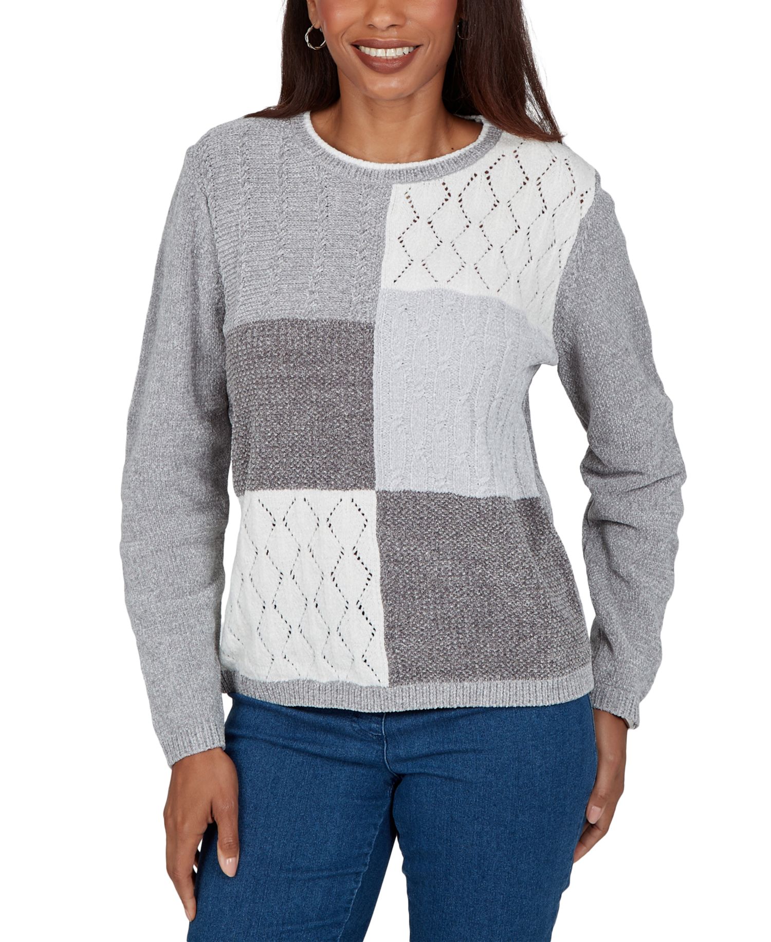 Women's Sweatr Cable-Knit Colorblock Crewneck Long-Sleeve Pullover