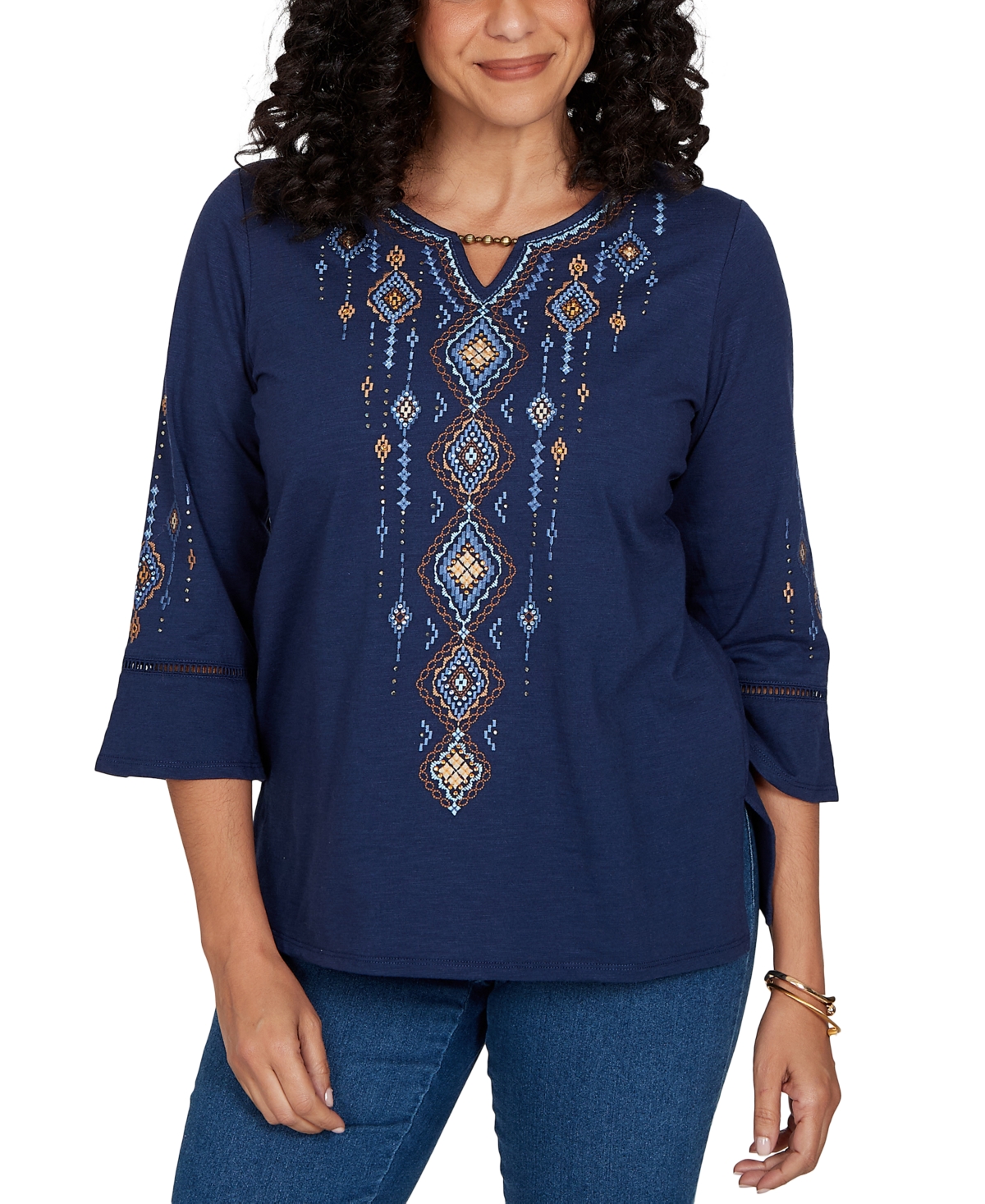 Alfred Dunner Petite Keyhole 3/4-Sleeve Embroidered Top