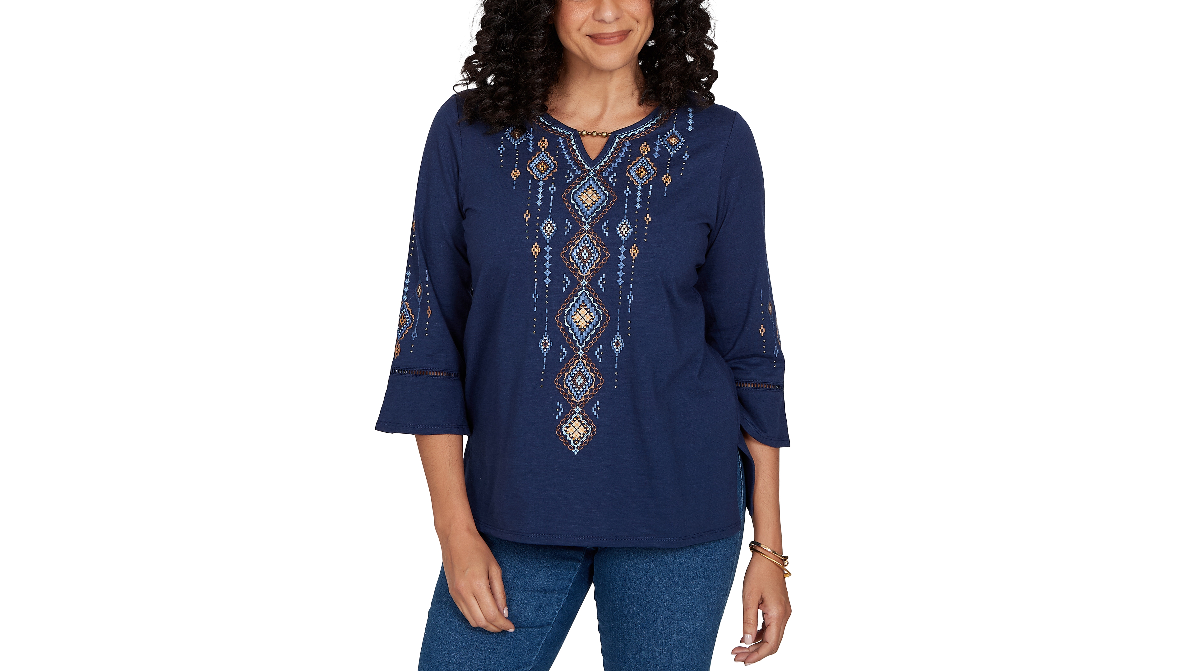 Alfred Dunner Petite Keyhole 3/4-Sleeve Embroidered Top