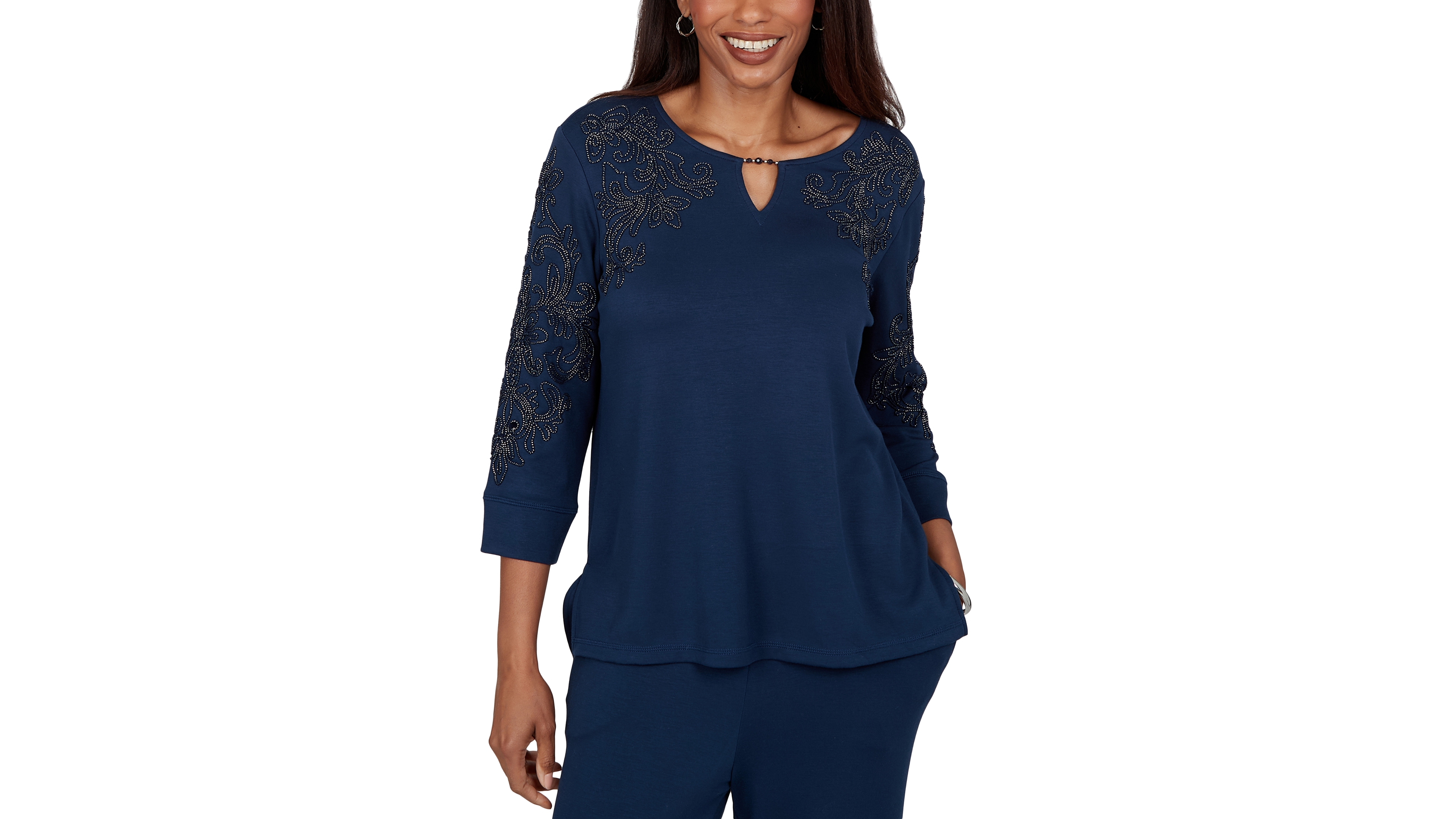 Alfred Dunner Women's Keyhole Neck Embellished Knit Top