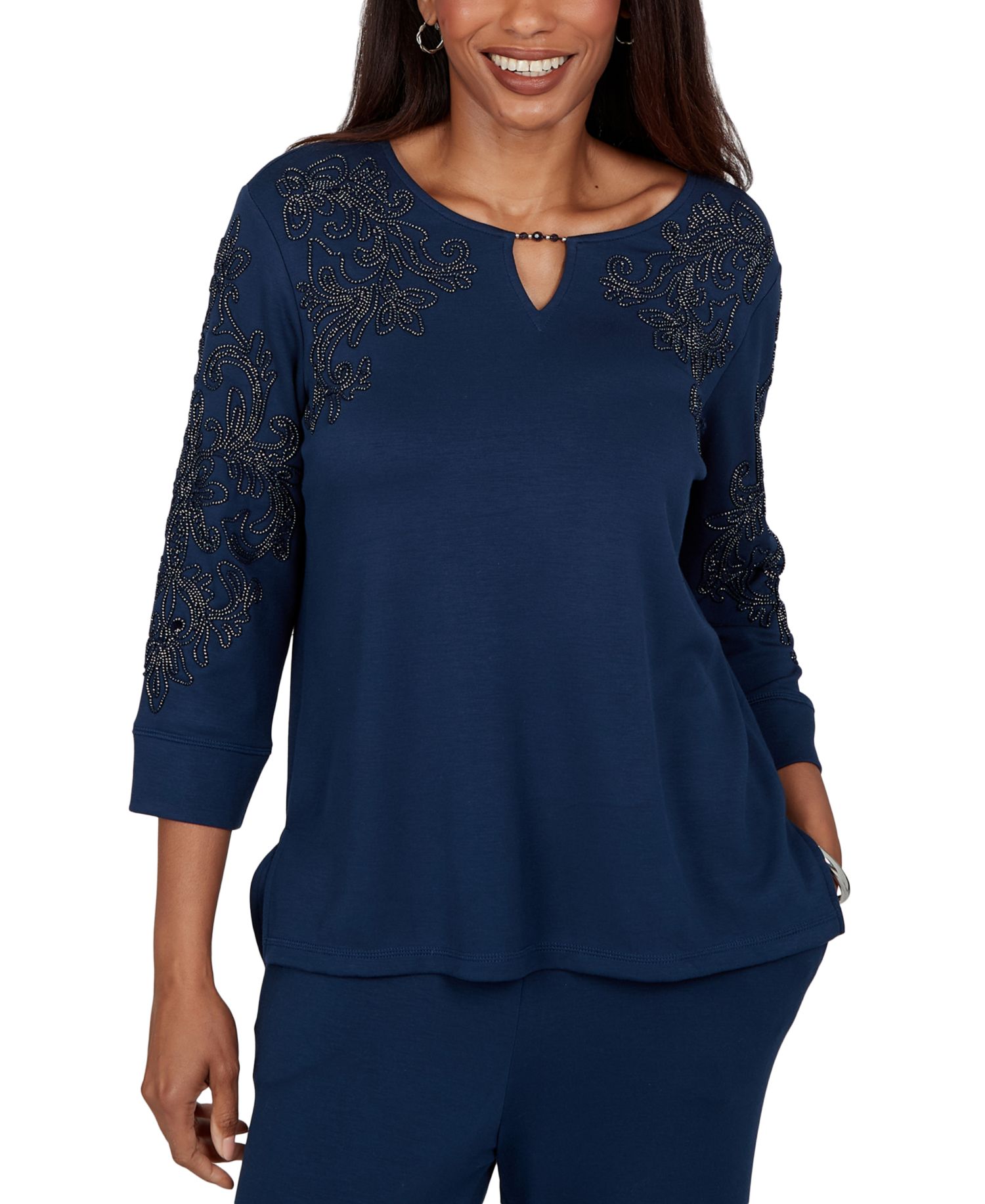 Women's Keyhole Neck Embellished Knit Top