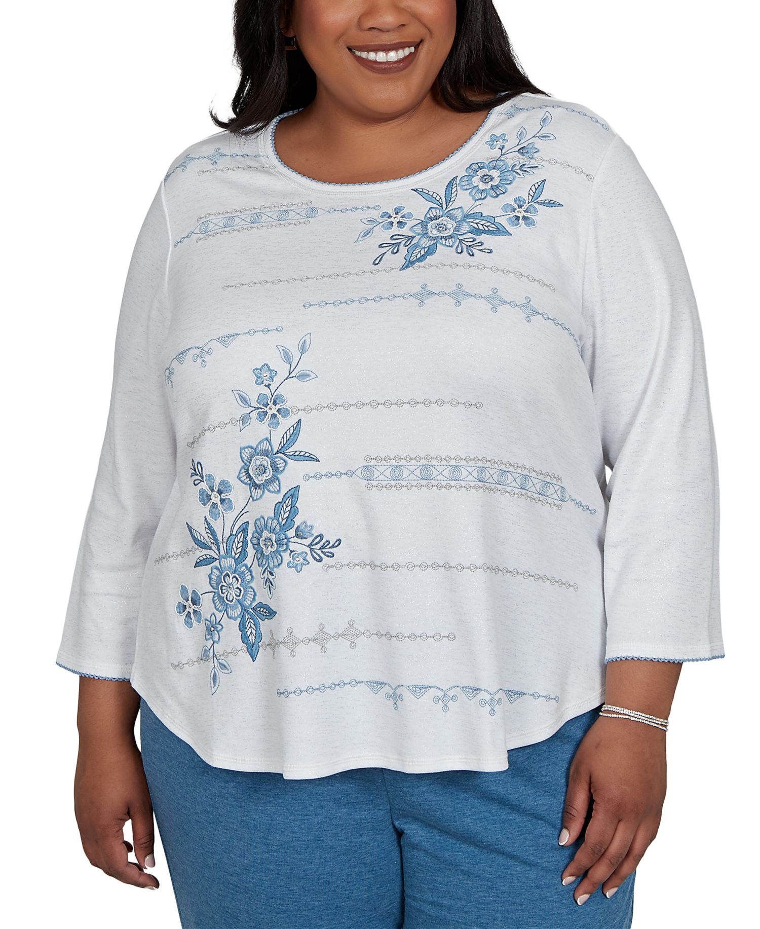 Plus Size Floral-Print 3/4-Sleeve Cotton-Blend T-Shirt