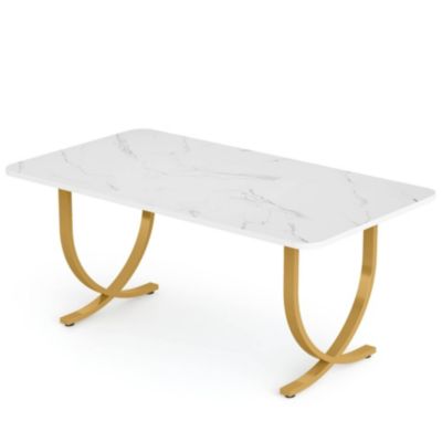 Contemporary Dining Table with Faux Marble Finish Top for Kitchen and Dining Area