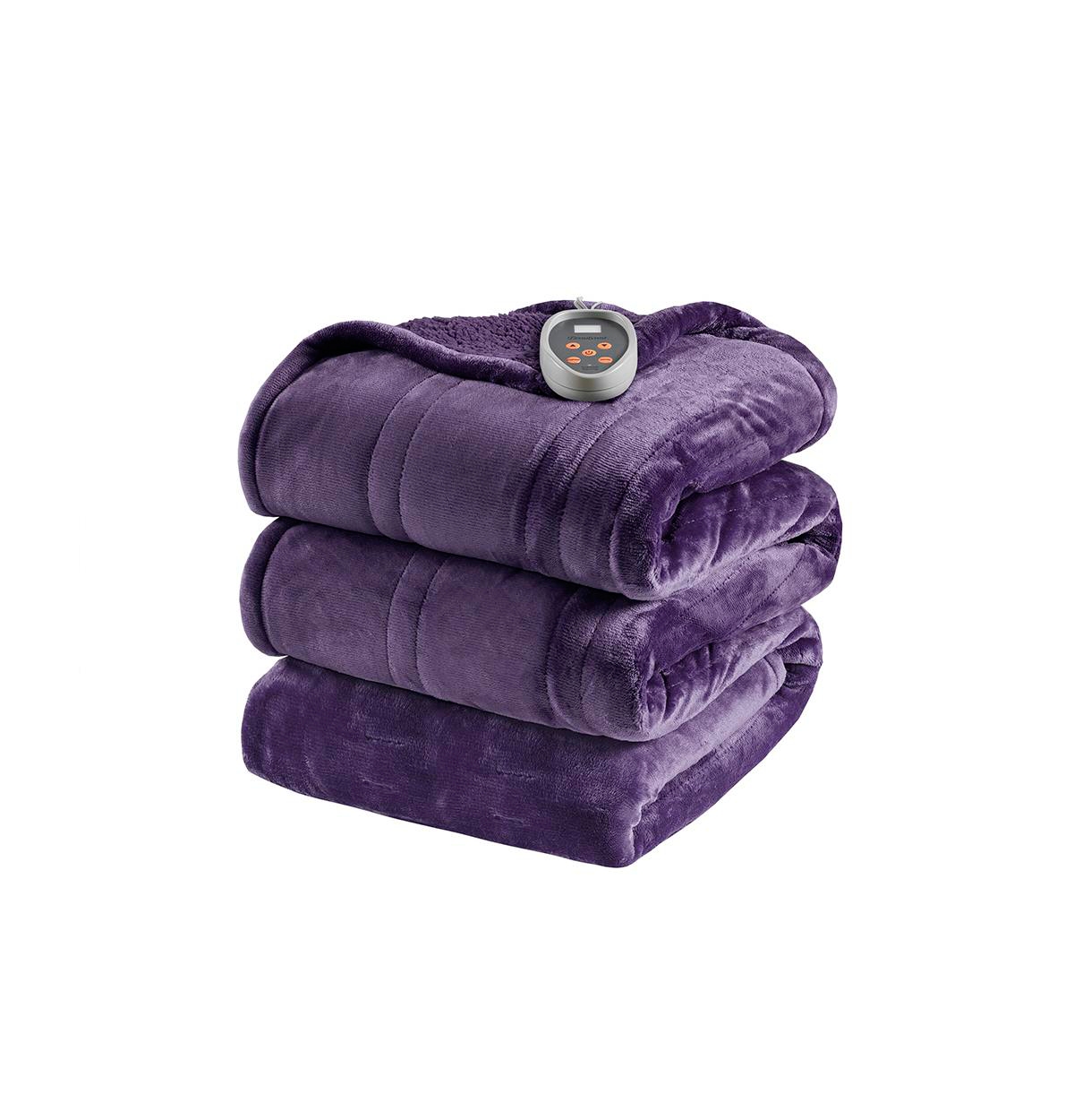 BR54-1942 Purple 100 Percent Polyester Solid Microlight to Berber Heated Blanket, Queen Size