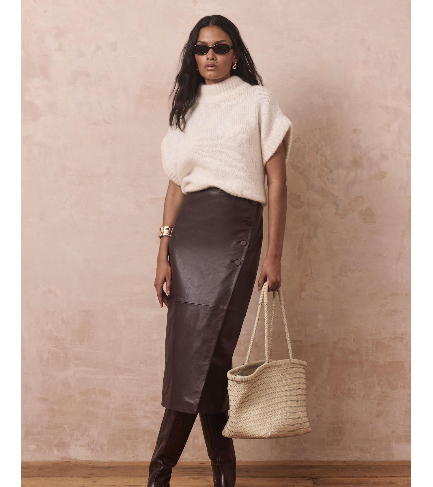 Women's Leather Wrap Midi Skirt