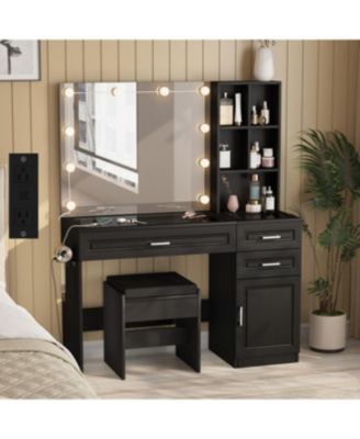 Modern Vanity Desk with Mirror, 10 LED Bulbs, Glass Top and Stool