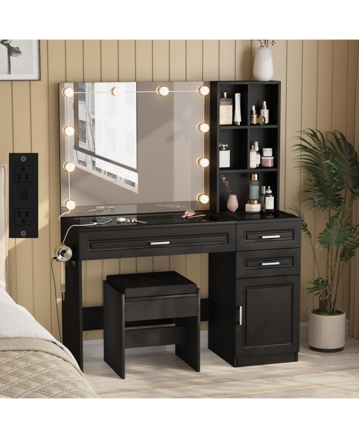 Vabches Modern Vanity Desk with Mirror, 10 Led Bulbs, Glass Top and Stool