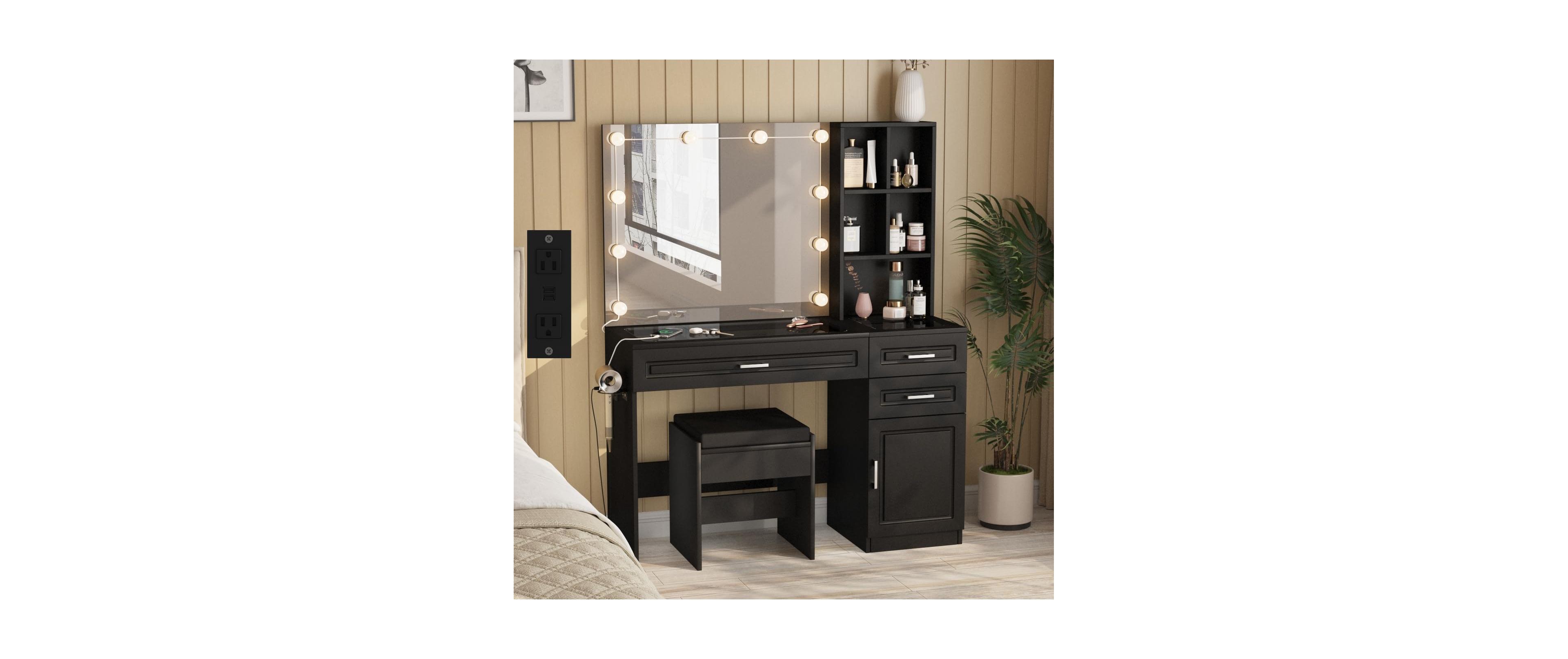 Vabches Modern Vanity Desk with Mirror, 10 Led Bulbs, Glass Top and Stool