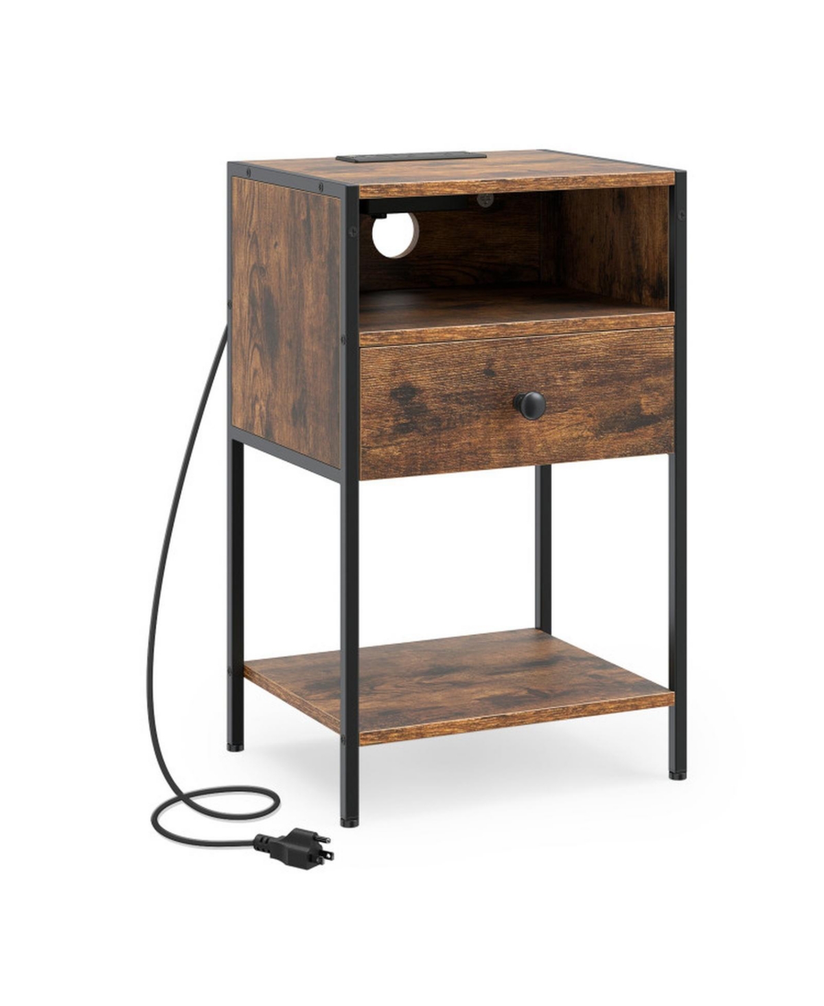 Gouun Tall Nightstand with Charging Station Open Compartment Drawer and Bottom Shelf