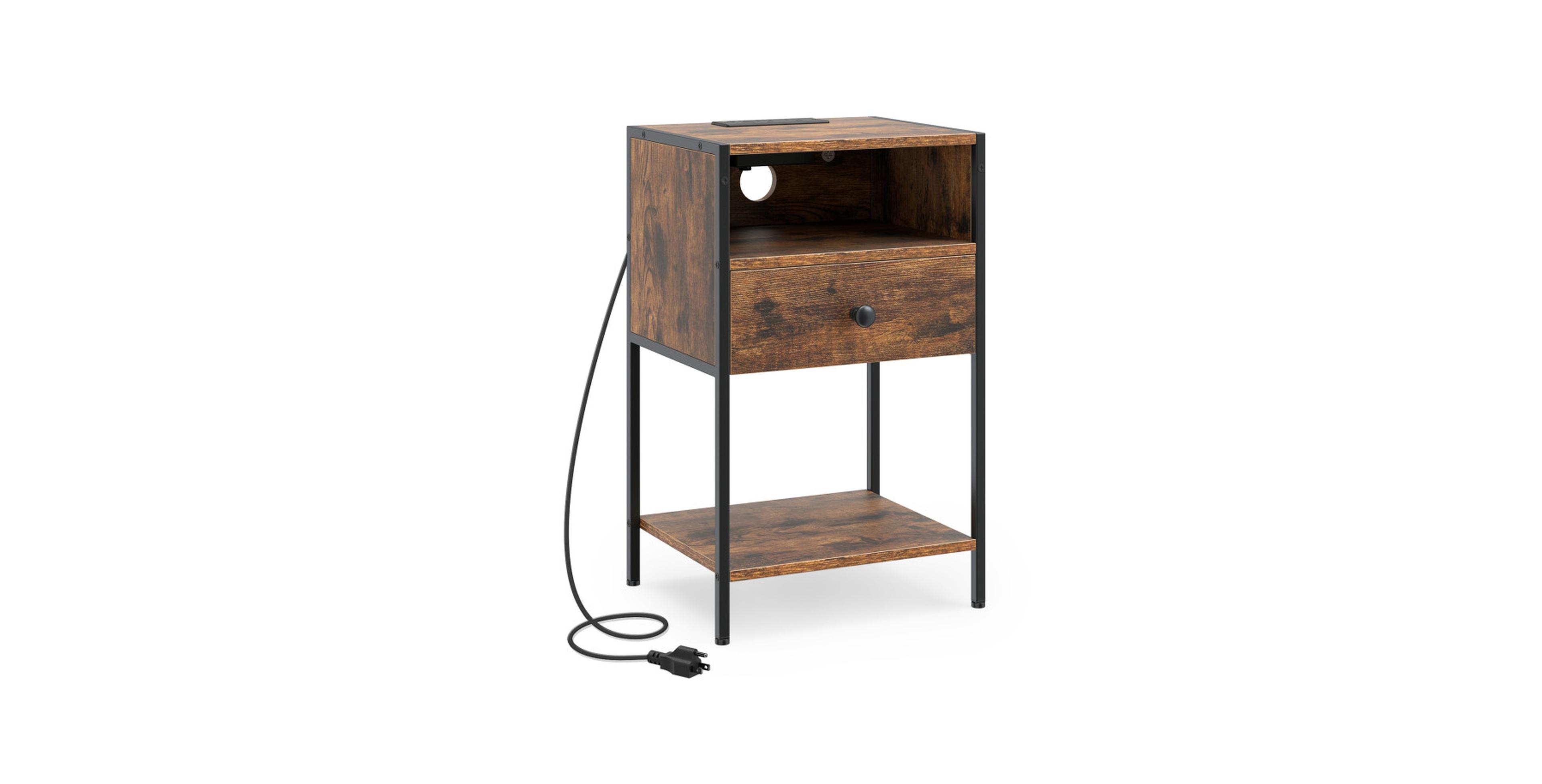 Gouun Tall Nightstand with Charging Station Open Compartment Drawer and Bottom Shelf