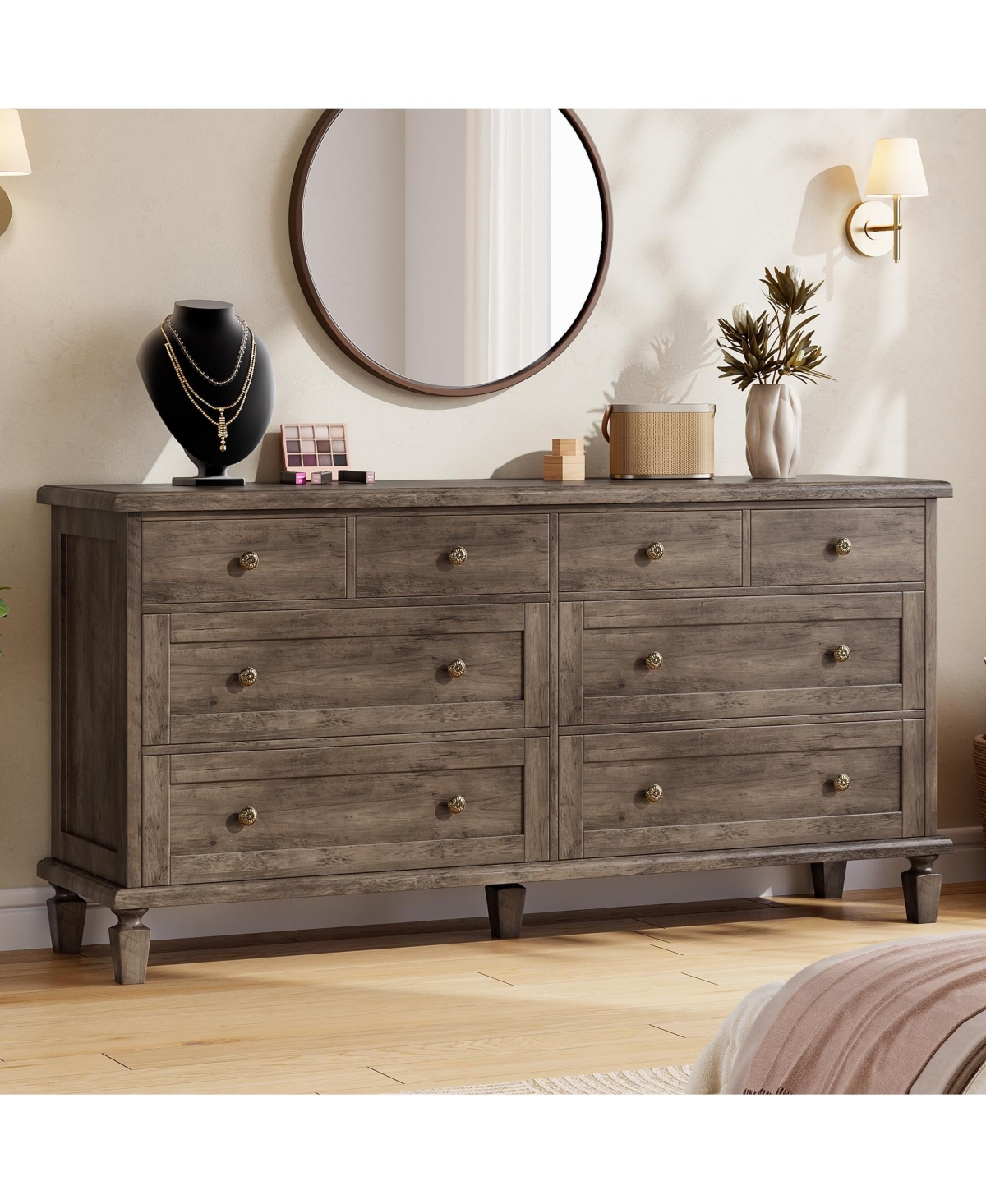 homfan 8 Drawer Dresser for Bedroom, Vintage 59" Long Tv Stand with Handles and Tapered Legs, Wood Chests of Drawers with Large Capacity Storage - Gre