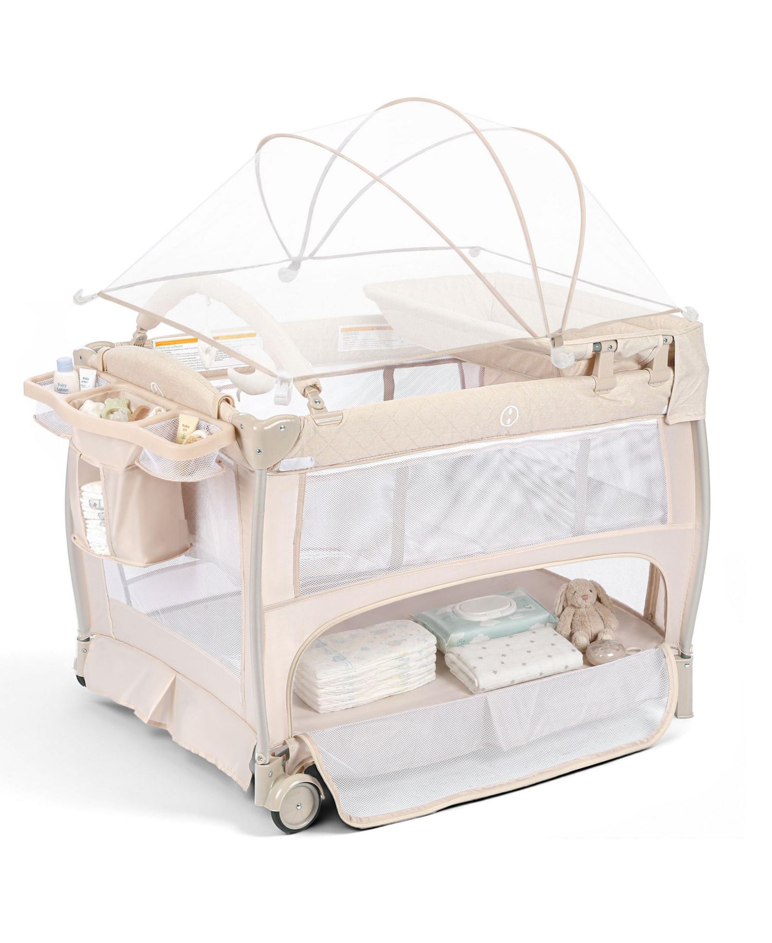 4-in-1 Portable Baby Playard with Bassinet and Mosquito Net, Bedside Sleeper and Changing Table