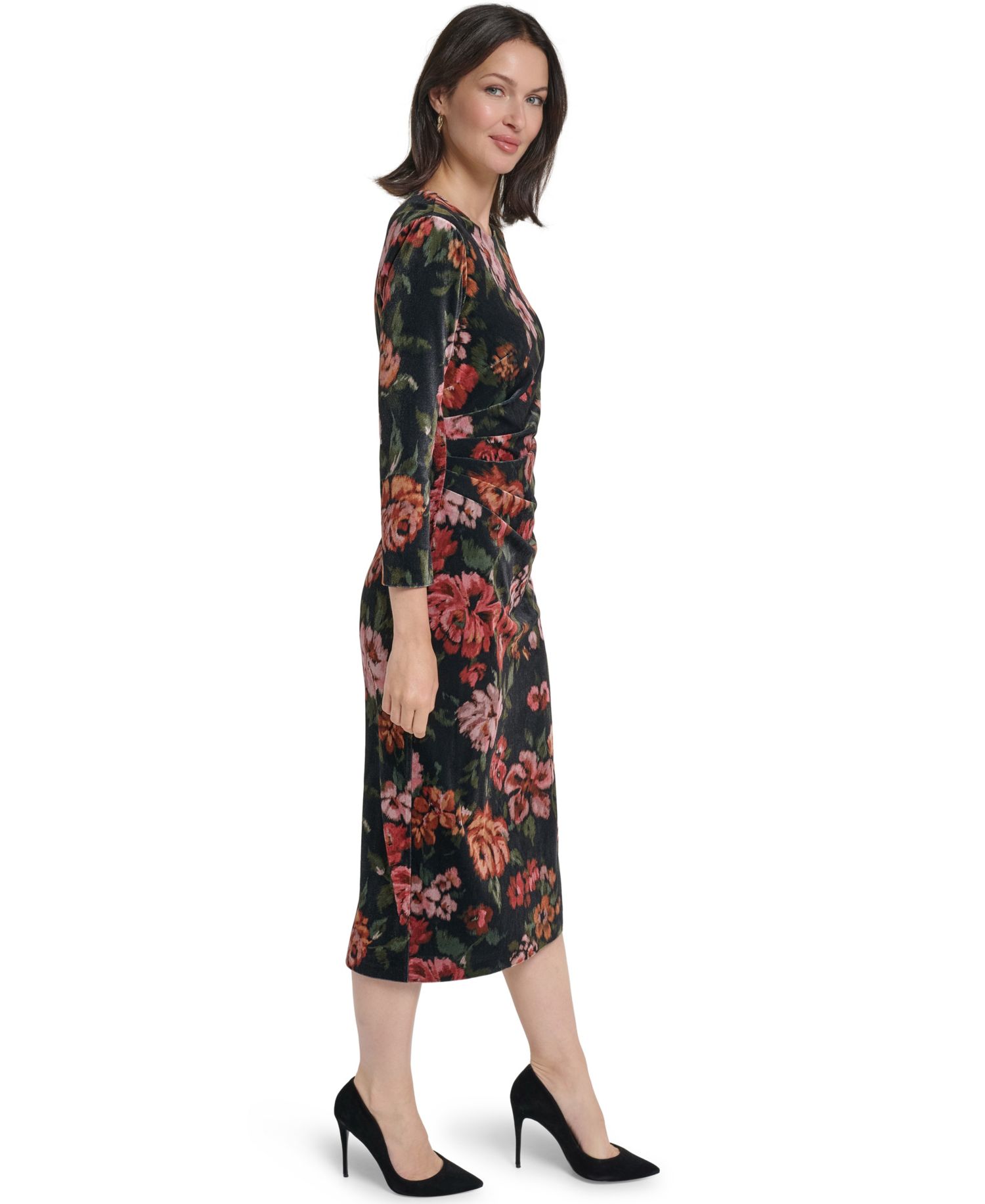 Petite Floral-Print Velvet Midi Dress