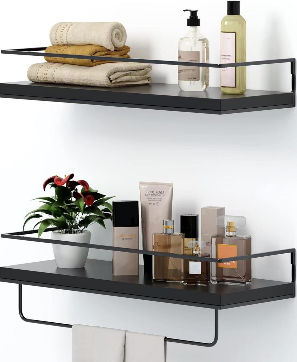 Cyqbd Floating Shelves Wall Mounted With Towel Rack Storage Set Of 2 Bathroom Hardware - Black