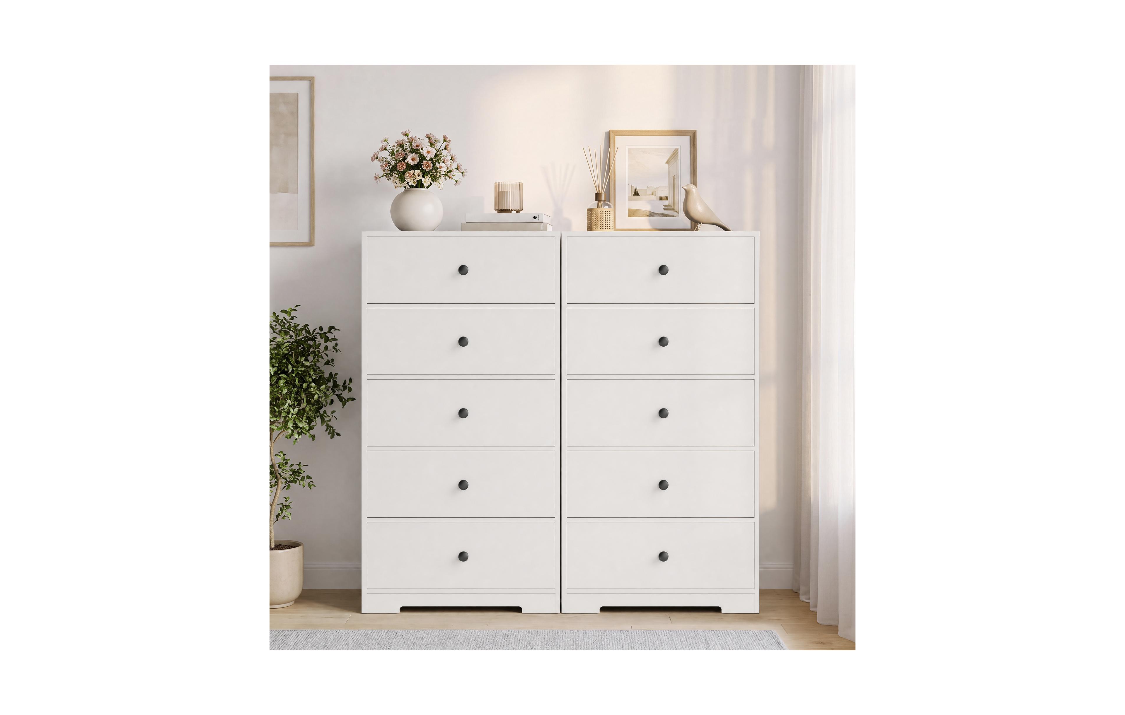 homfan 2 Set of Tall Vertical 5 Drawer Dresser, Chest Of Drawers Round Pull Knob Storage Cabinet Slim Freestanding Organizer Furniture For Bedroom