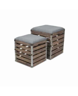 Set Of 2 Square Linen Fabric And Wood Slats Storage Benches