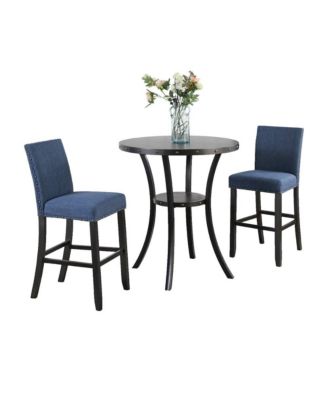 Biony 3-Pc 36" Round Espresso Finish Bar Table with 2 Blue Pub Chairs