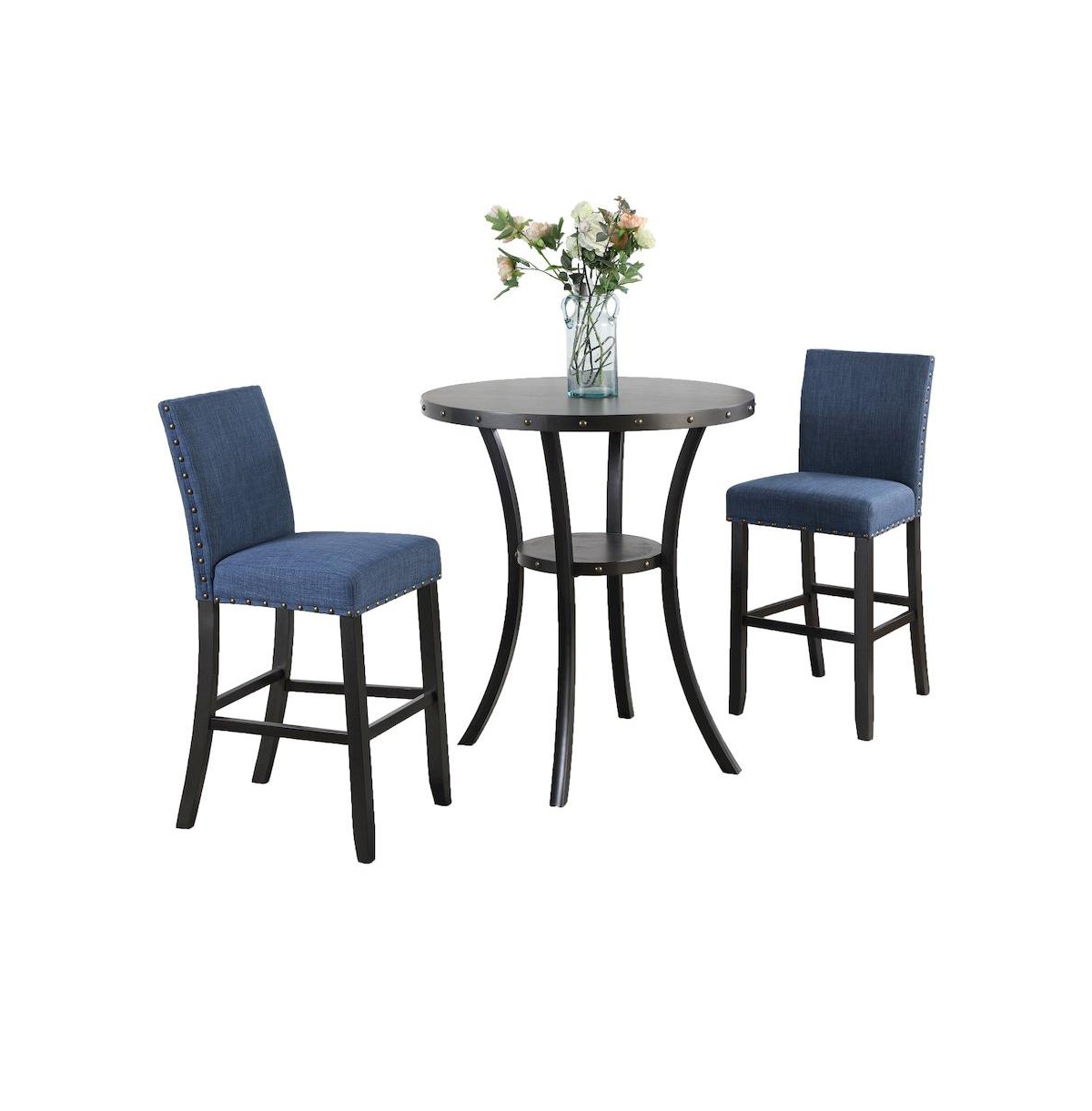 Roundhill Furniture Biony 3-Pc 36" Round Espresso Finish Bar Table with 2 Blue Pub Chairs