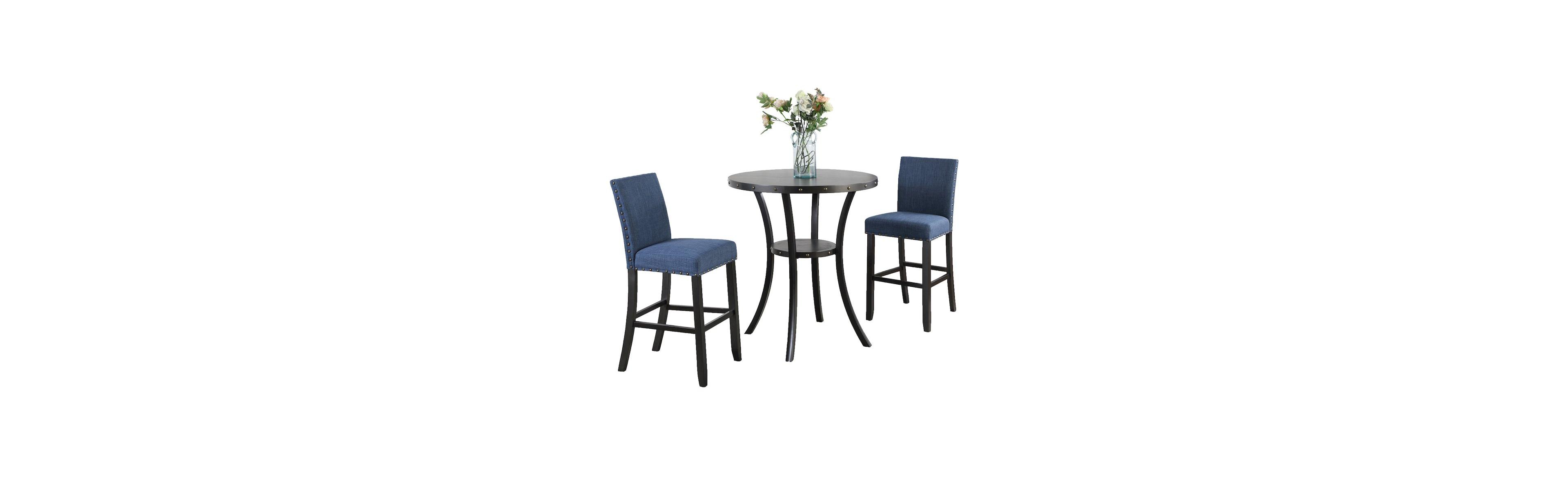 Roundhill Furniture Biony 3-Pc 36" Round Espresso Finish Bar Table with 2 Blue Pub Chairs