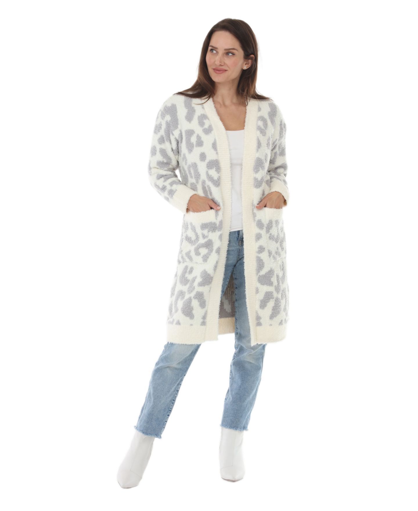 Женский кардиган White Mark Leopard-Print Sherpa Open-Front, цвет: Бежевый — фото 2