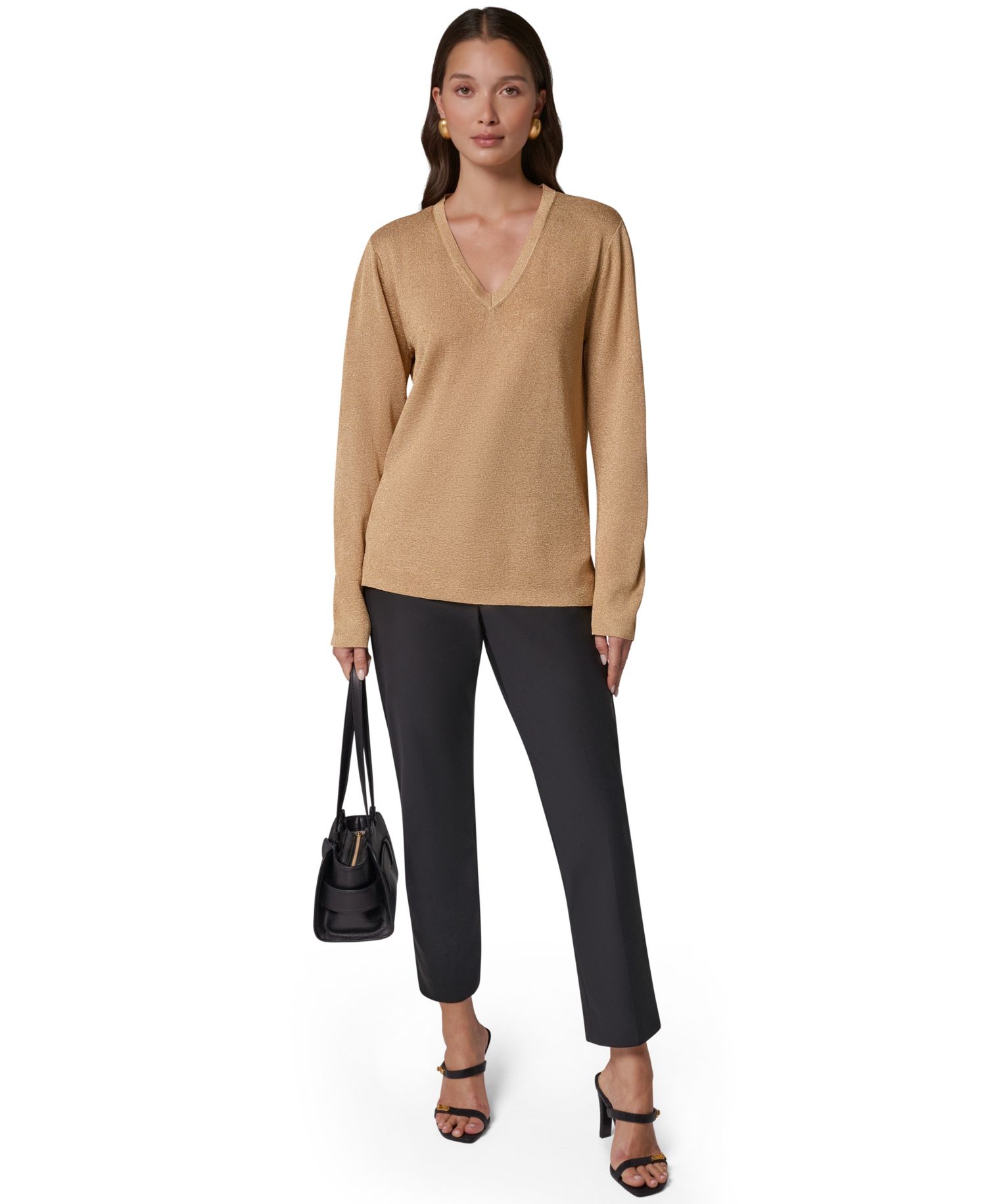 Women's Long-Sleeve Metallic V-Neck Sweater