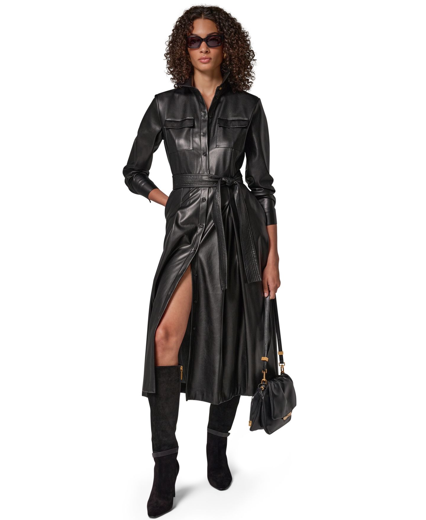 Женское платье Donna Karan New York Faux Leather Belted Fitted Shirt Dress, цвет: Чёрный — фото 4