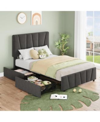 Twin Size Upholstered Platform with  Wooden Slats Support, Bed Frame with Adjustable Headboard and 2 Storage Drawers