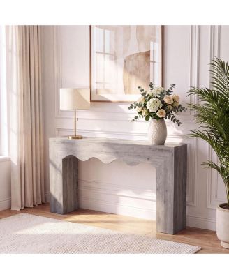 63" Entryway Console Table With Wooden Texture, Unique Wave Edge Design, Sturdy Square Base, Water Resistant Farmhouse Hall Table
