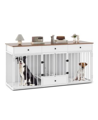 Modern Double Dog Crate Furniture with 3 Drawers and Pull Out Feeder