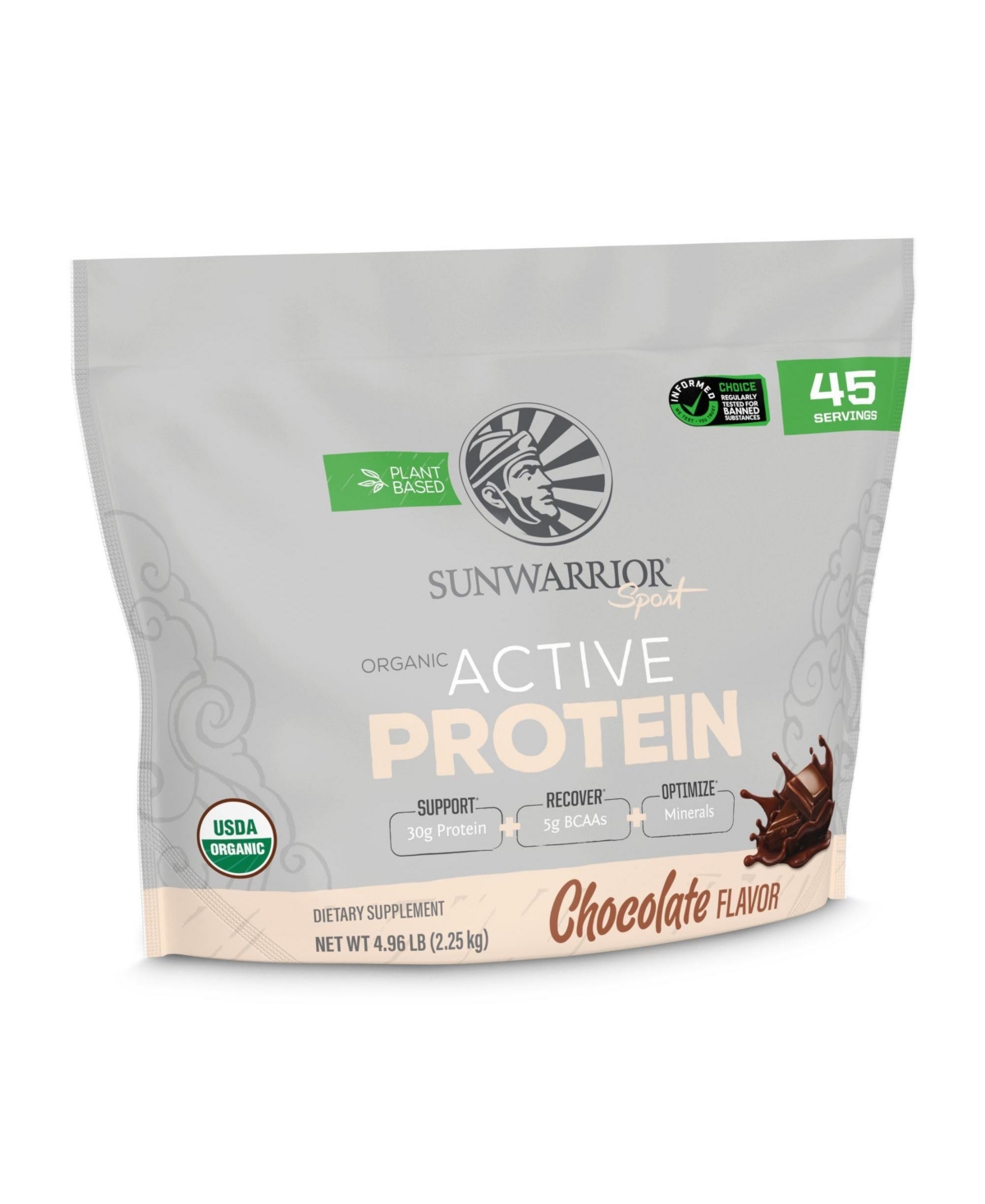 Sunwarrior Active Protein Powder, Chocolate Flavor with Rice, Pumpkin and Pea Protein, 45 Servings