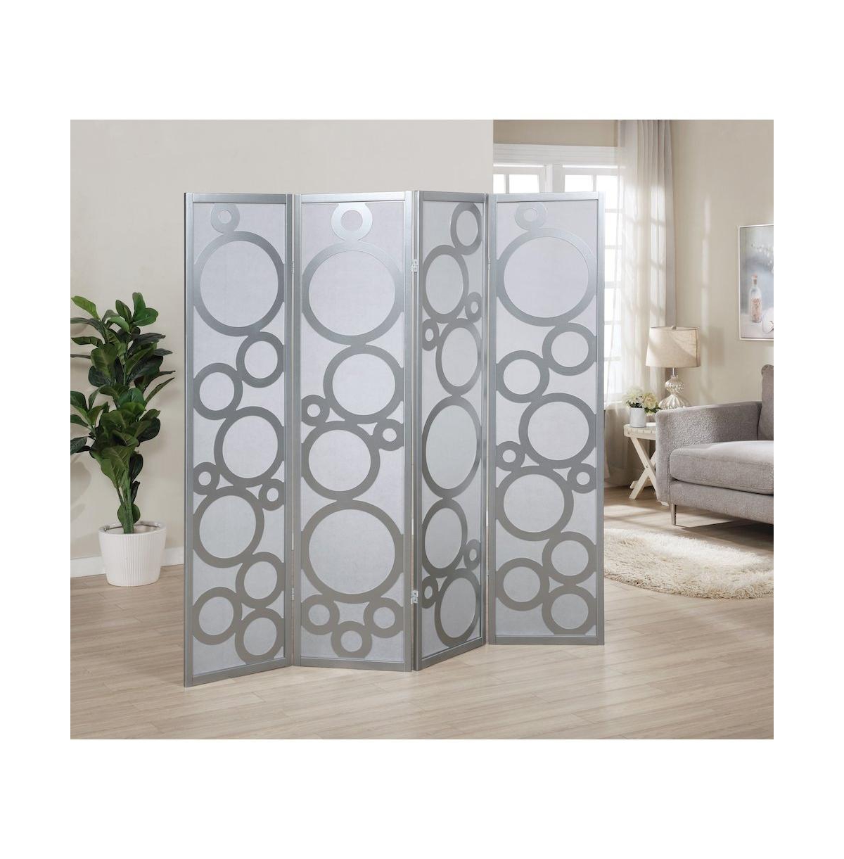 Roundhill Furniture Arvada 4-Panel Wood Room Divider with Circle Pattern - Silver
