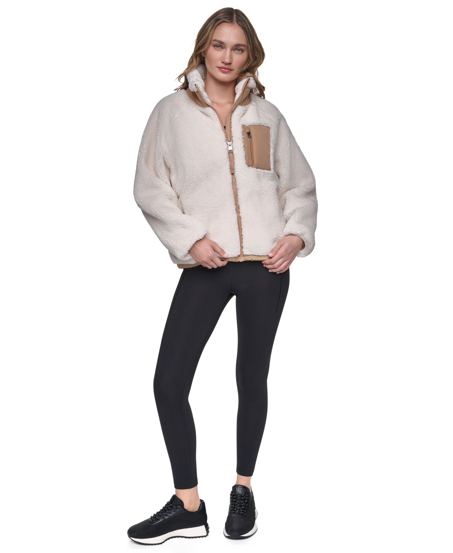 Women's Mock Neck Sherpa Jacket with Woven Piecing