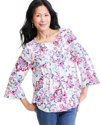 Women's Printed Pintuck Popover 3/4-Sleeve Blouse