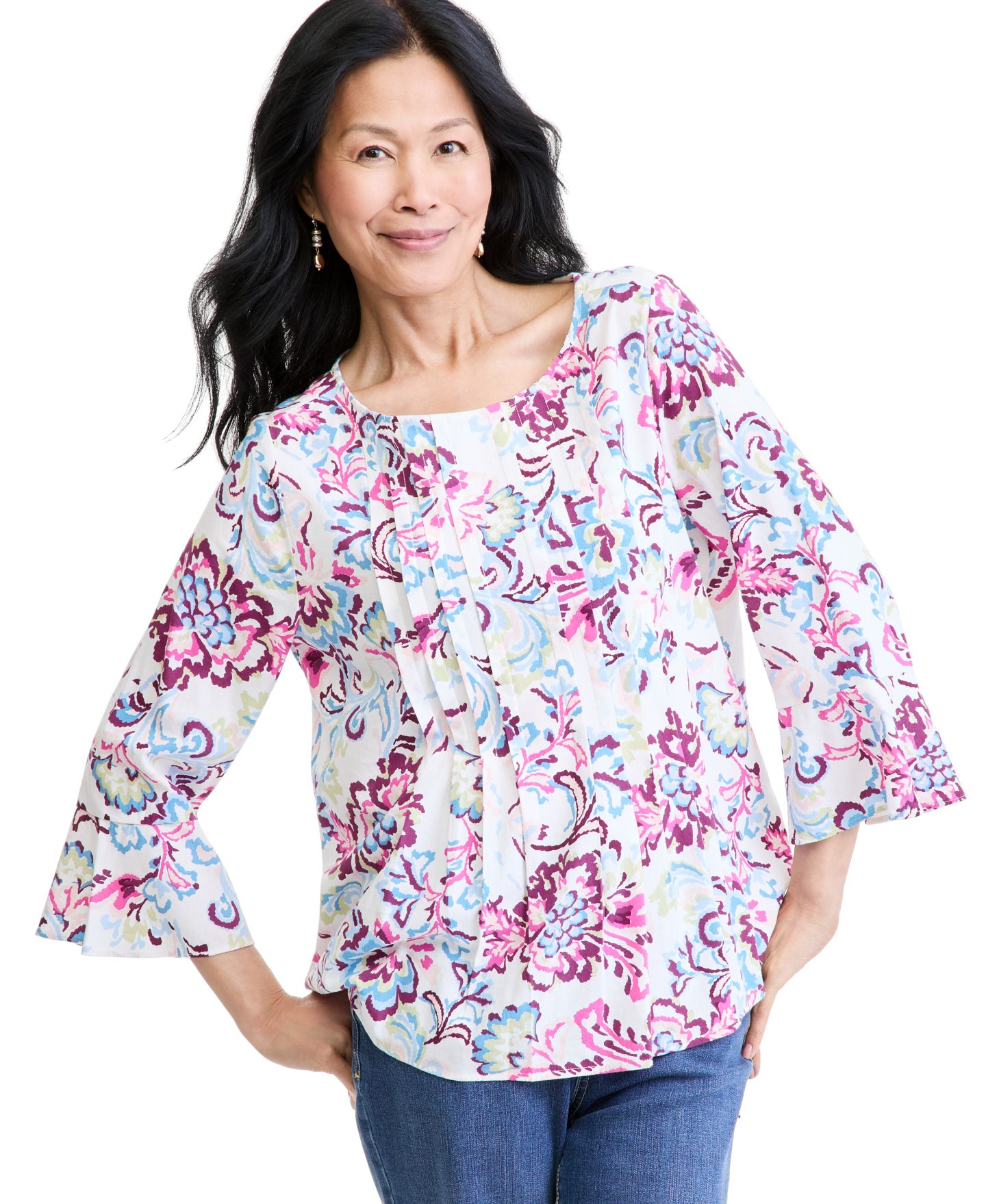 Женская блузка Style & Co Petite Pintuck Popover 3/4-Sleeve Floral-Print, цвет: Ванильный — фото 1