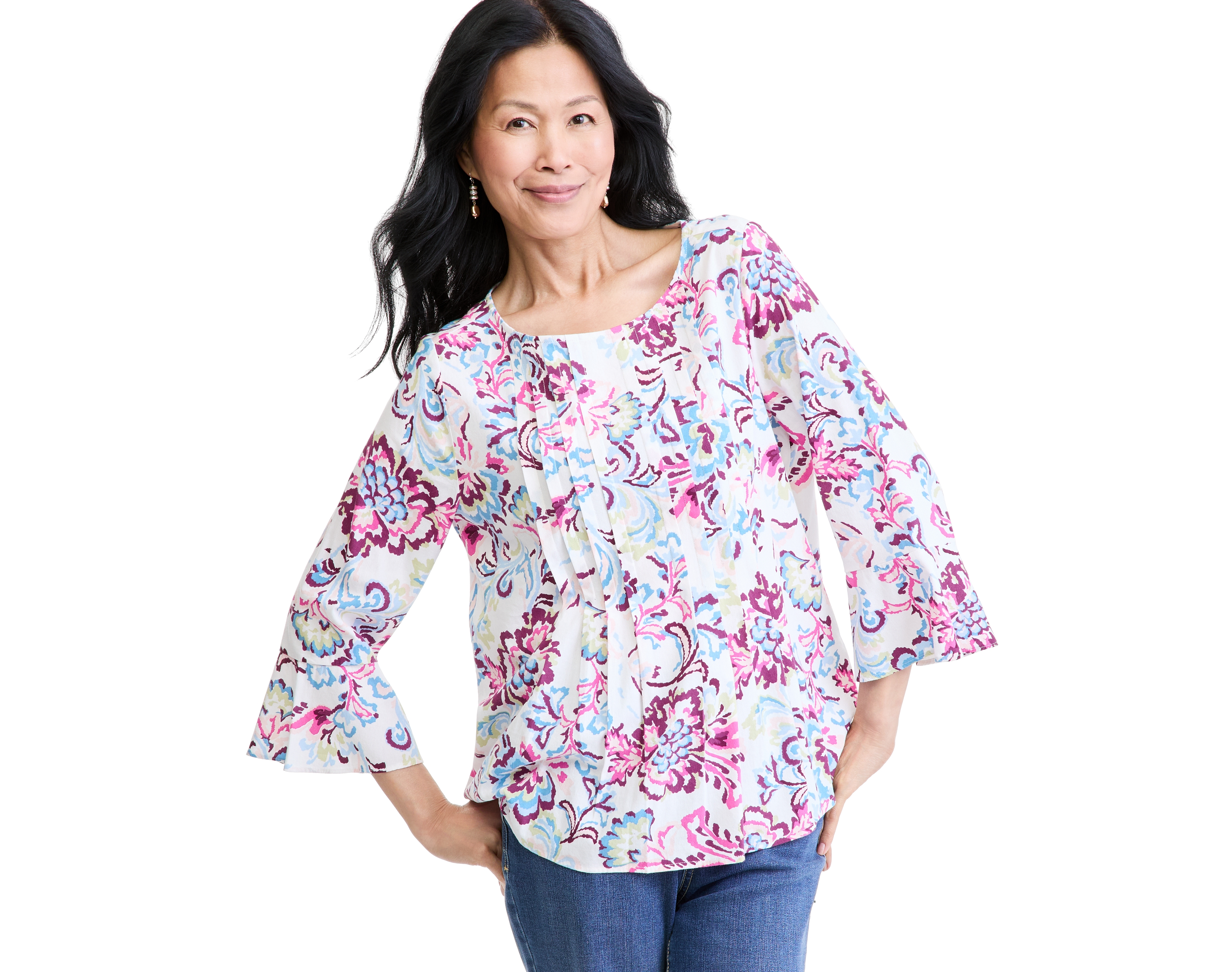 Style & Co Petite Pintuck Popover 3/4-Sleeve Floral-Print Blouse, Macy's Exclusive