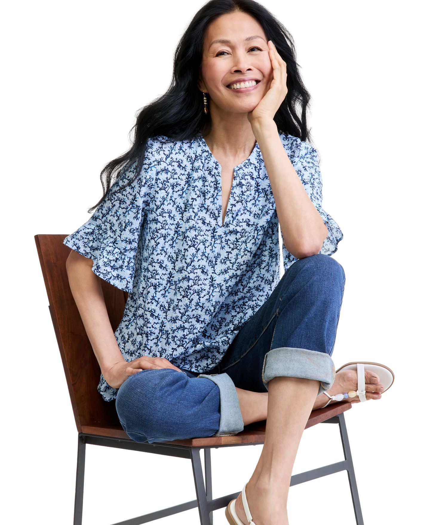 Женский топ Style & Co Printed Ruffle Sleeve, цвет: Синий — фото 2