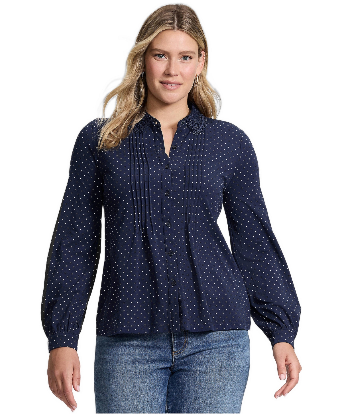 Lands' End Women's Long-Sleeve Pintuck Lace Blouse