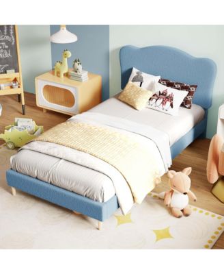 Full Size Velvet Low Bed Frame for Kids with Soft Upholstered Headboard Wooden Slats No Box Spring for Bedroom