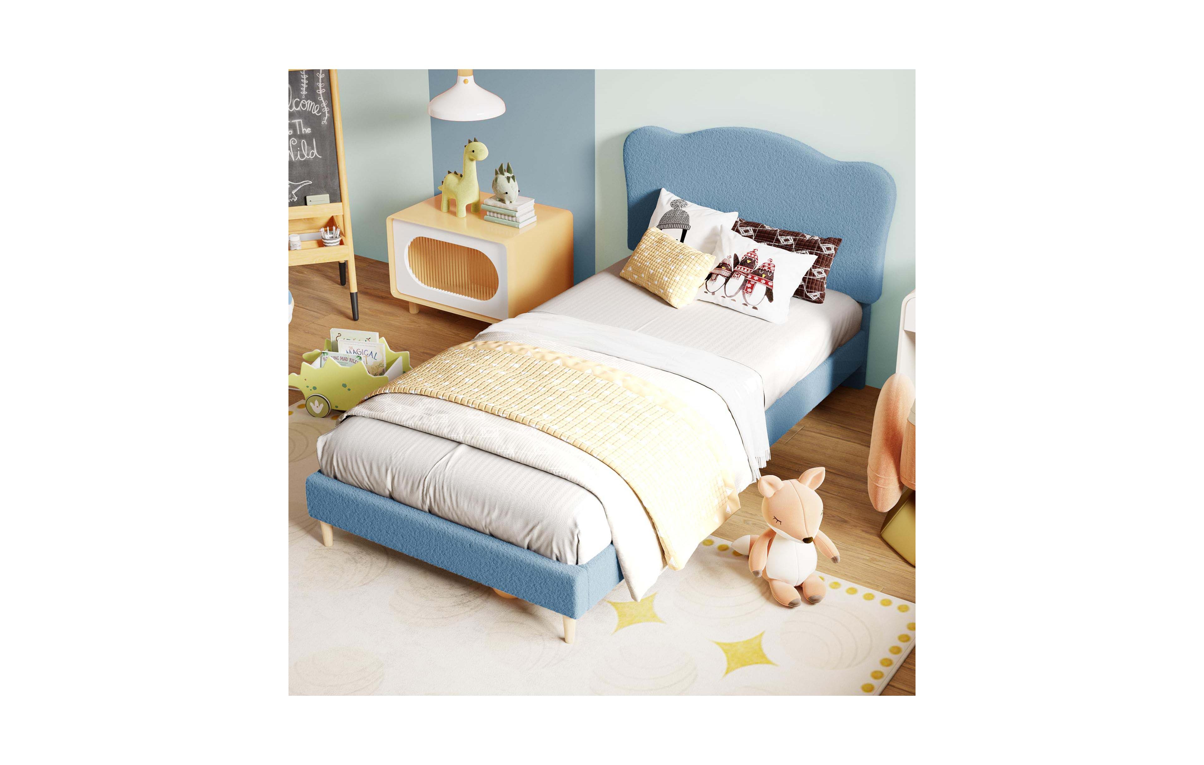 homfan Full Velvet Low Bed Frame for Kids with Soft Upholstered Headboard Wooden Slats No Box Spring Bedroom