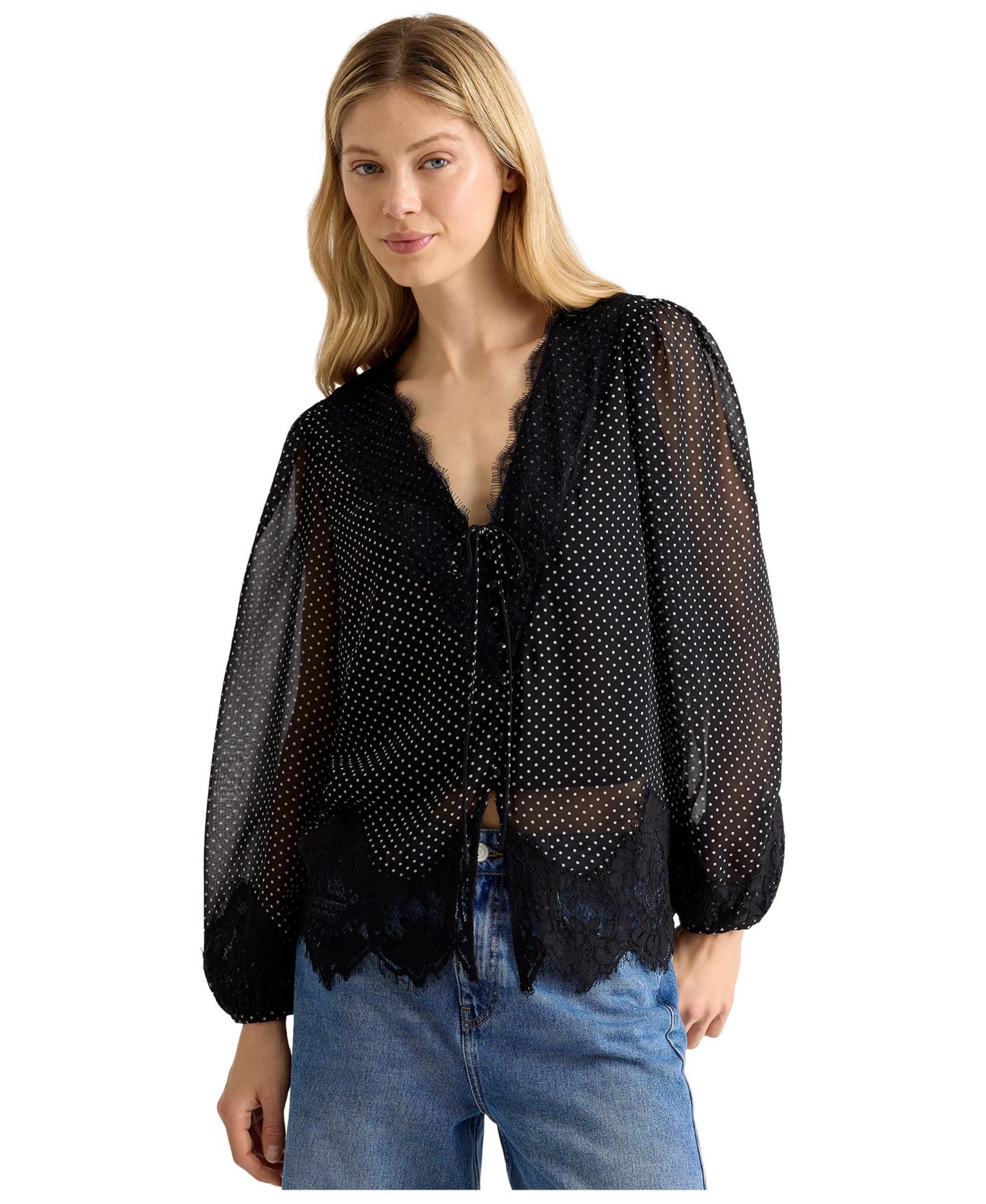 Женская блузка Albaray Polka-Dot Lace-Trim Long-Sleeve, цвет: Чёрный — фото 1