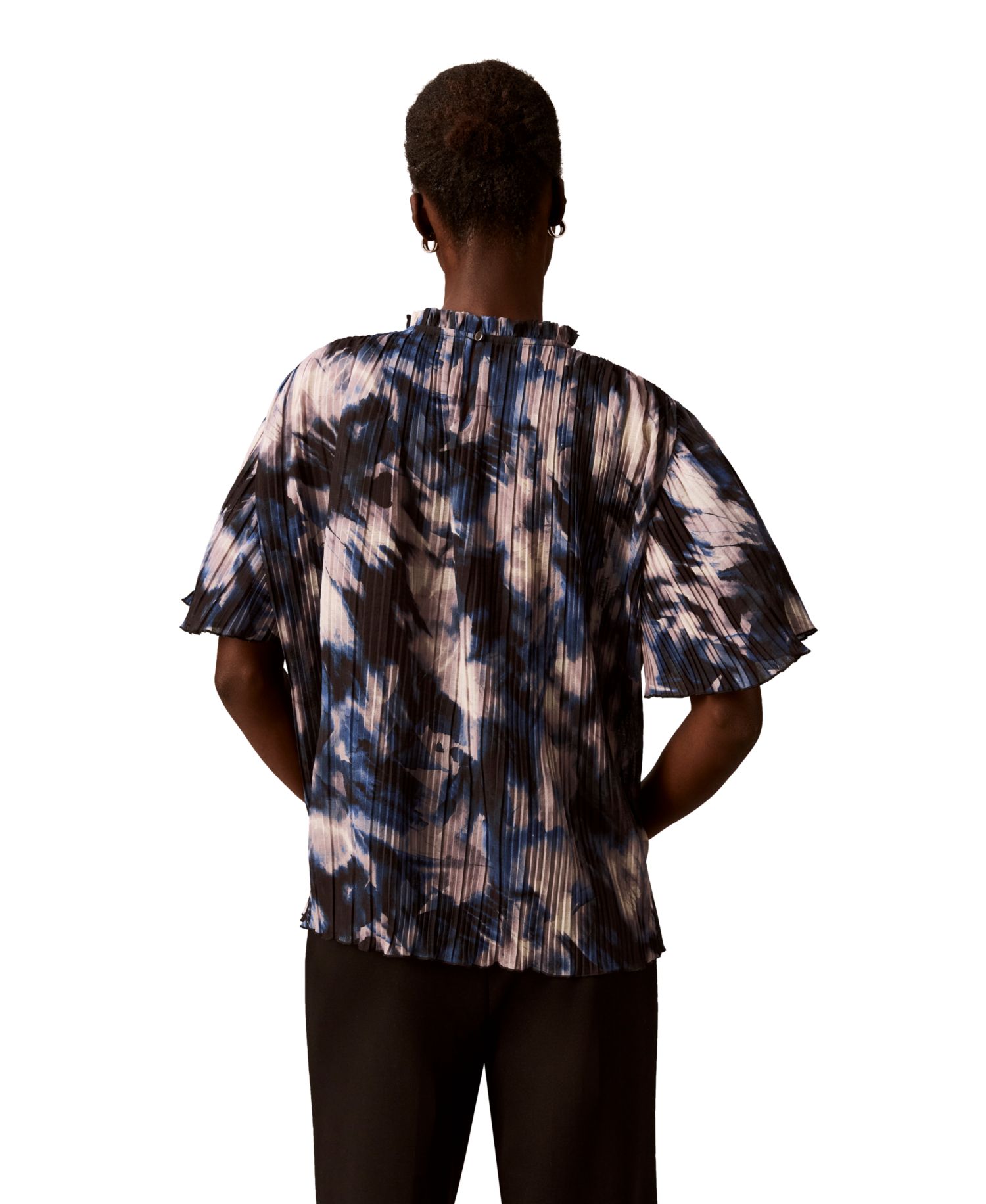 Women's Short-Sleeve Ruffle-Neck Pleated Blouse