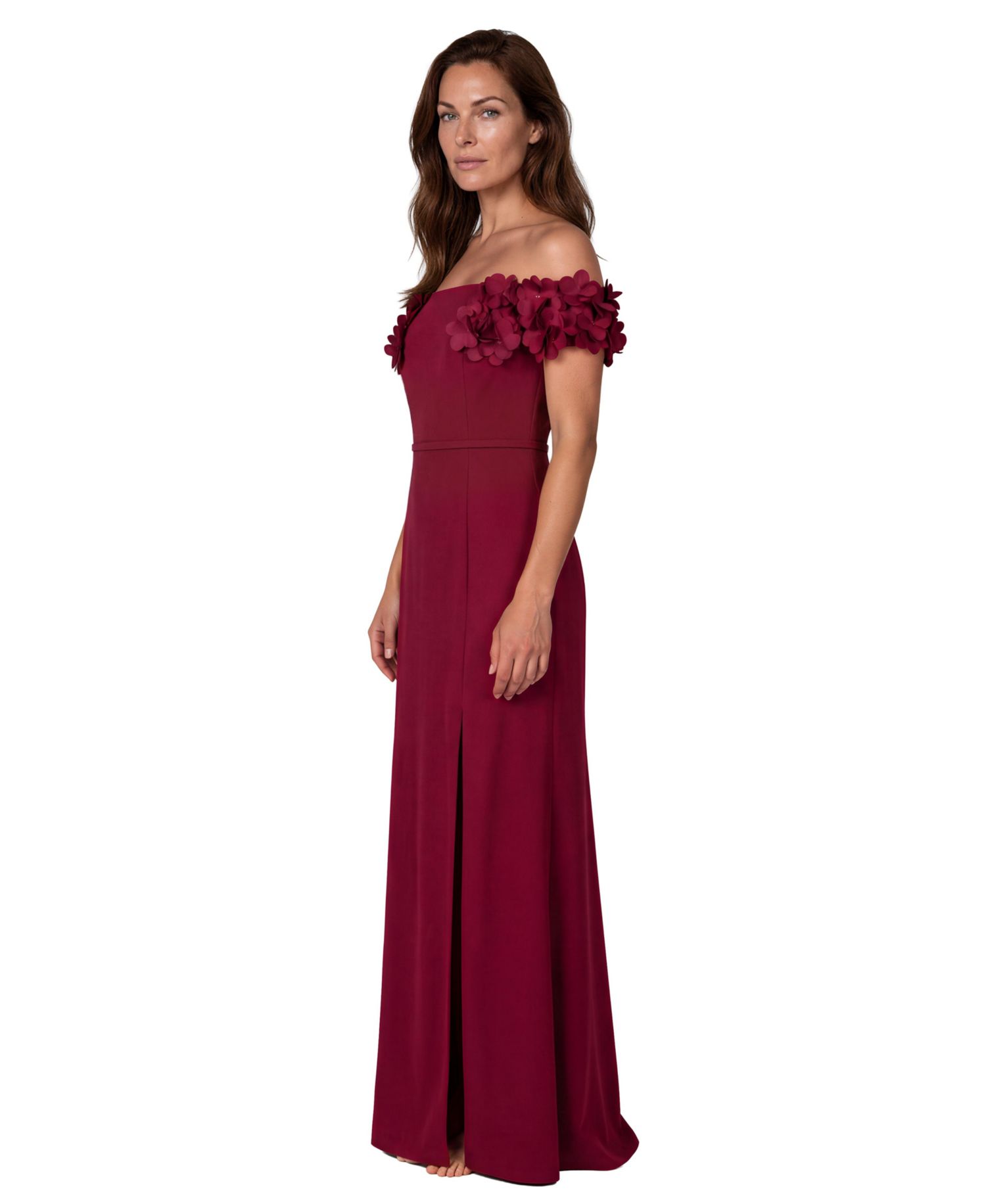 Women's Off The Shoulder Crepe Fit and Flare Gown with Front Slit and 3D Floral Appliques