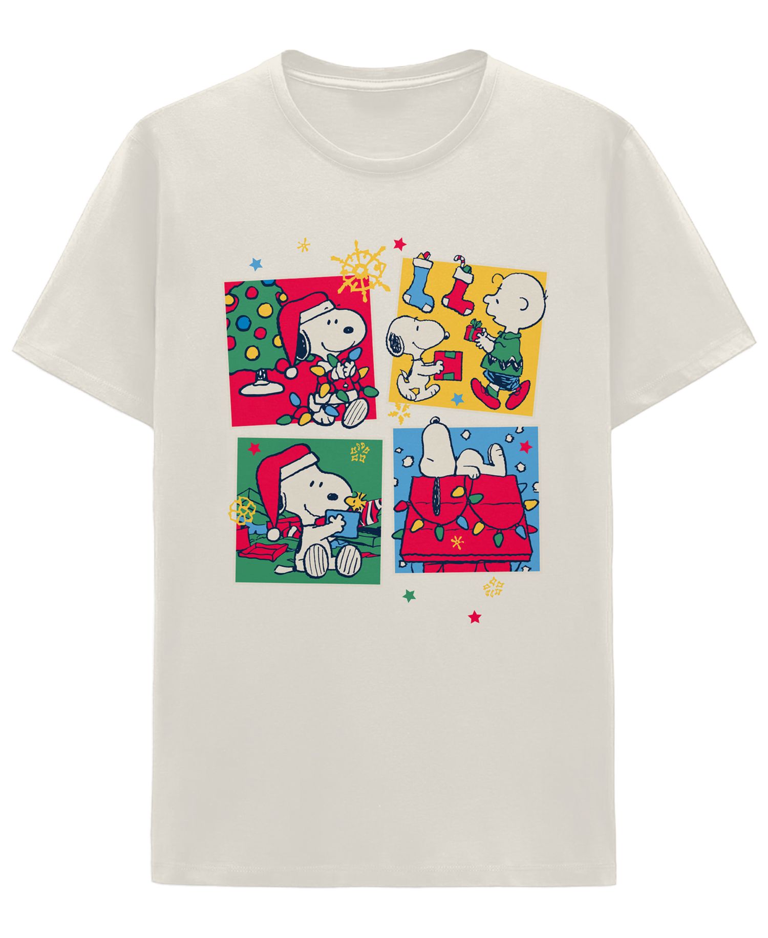 Men's Snoopy Christmas Squares Graphic Holiday Crewneck T-Shirt