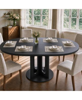 43"-59" Extendable Round to Oval Dining Table, Wood Grain Kitchen Table for 4-6