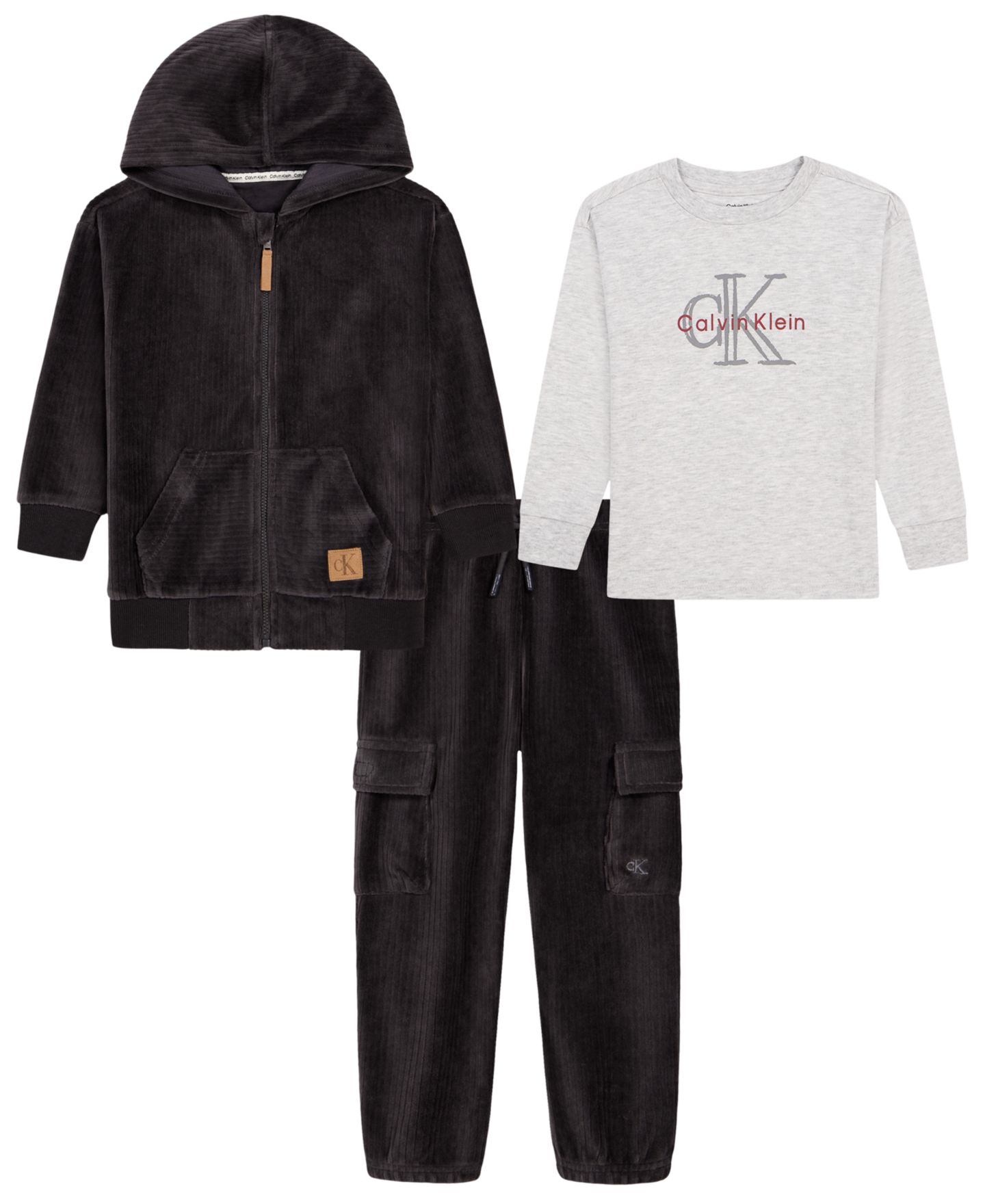 Calvin Klein Boys' 4-7 Long-Sleeve Hooded Zip-Up T-Shirt, Hoodie Jacket and Cargo Joggers, 3-Piece Set — фото 1