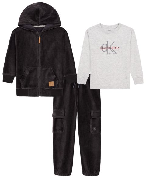 Calvin Klein Boys' 4-7 Long-Sleeve Hooded Zip-Up T-Shirt, Hoodie Jacket and Cargo Joggers, 3-Piece Set